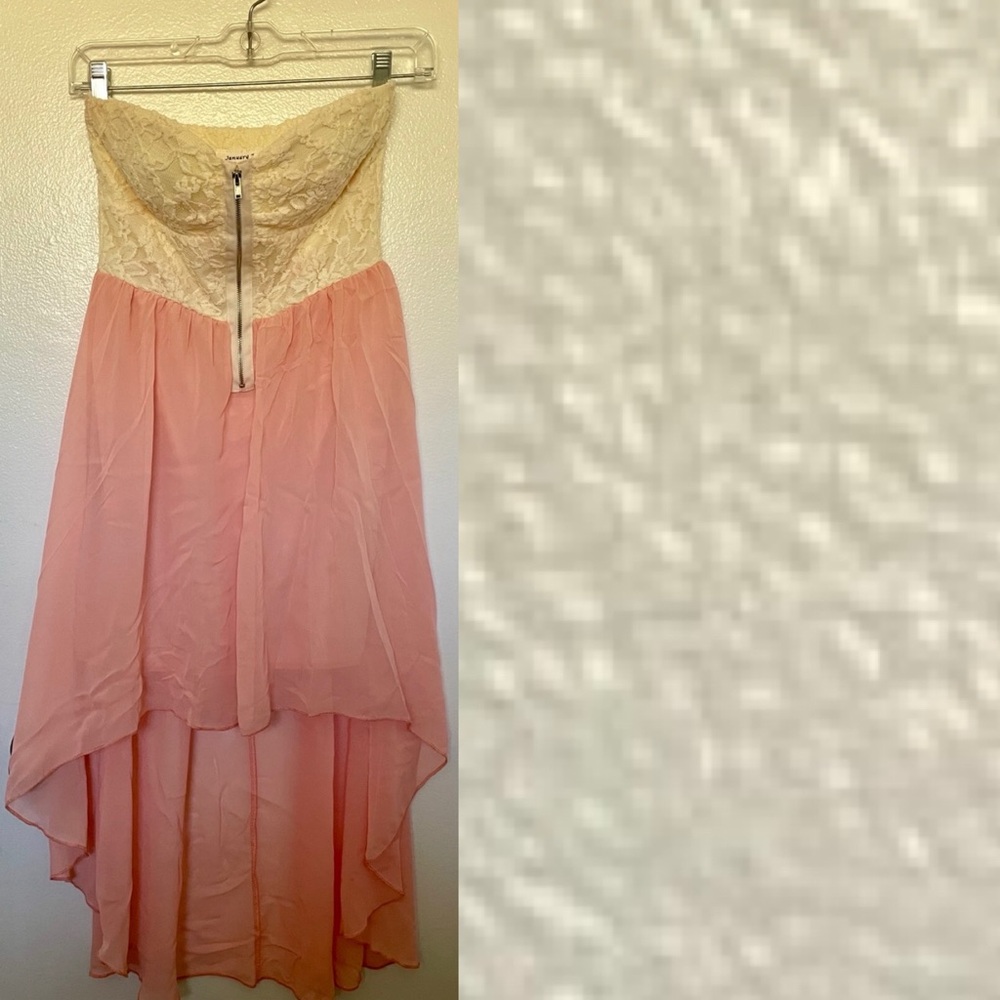 JANUARY 7 Vintage Y2K  DRESS Peach Ivory STRAPLESS High Low Party DRESS S As-Is